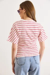 Olalook Women's Red Ecru Striped Bat Basic T-Shirt - Image 6