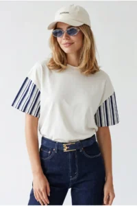 Olalook Women's White Navy Blue Back Sleeve Garnished Cotton T-Shirt