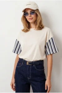 Olalook Women's White Navy Blue Back Sleeve Garnished Cotton T-Shirt - Image 3