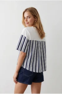 Olalook Women's White Navy Blue Back Sleeve Garnished Cotton T-Shirt - Image 4