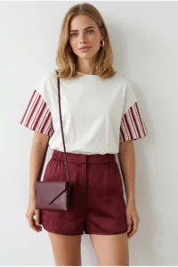 Olalook Women's White Red Back Sleeve Garnished Cotton T-Shirt - Image 2