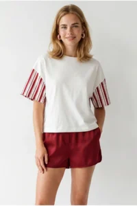 Olalook Women's White Red Back Sleeve Garnished Cotton T-Shirt - Image 3