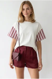 Olalook Women's White Red Back Sleeve Garnished Cotton T-Shirt - Image 4