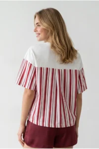 Olalook Women's White Red Back Sleeve Garnished Cotton T-Shirt - Image 5