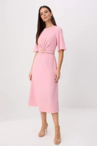 TRENDYOLMİLLA Pink Belt Detailed Short Sleeve Midi Weaving Dress