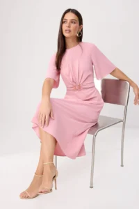 TRENDYOLMİLLA Pink Belt Detailed Short Sleeve Midi Weaving Dress - Image 2