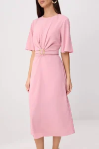 TRENDYOLMİLLA Pink Belt Detailed Short Sleeve Midi Weaving Dress - Image 3