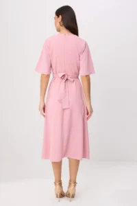 TRENDYOLMİLLA Pink Belt Detailed Short Sleeve Midi Weaving Dress - Image 4