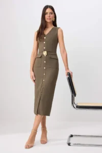 TRENDYOLMİLLA Khaki Arched Accessory Detailed Midi Weaving Dress - Image 2
