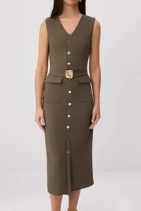 TRENDYOLMİLLA Khaki Arched Accessory Detailed Midi Weaving Dress - Image 3