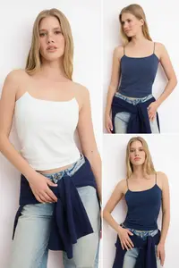 TRENDYOLMİLLA Anthracite-Navy Blue-Ecru 3 Sets Pack Sleeveless Fitted Square Neck Flexible Knitting Tank Top