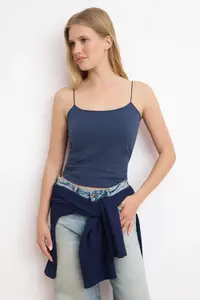 TRENDYOLMİLLA Anthracite-Navy Blue-Ecru 3 Sets Pack Sleeveless Fitted Square Neck Flexible Knitting Tank Top - Image 2