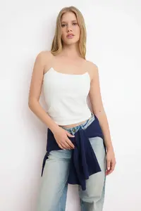 TRENDYOLMİLLA Anthracite-Navy Blue-Ecru 3 Sets Pack Sleeveless Fitted Square Neck Flexible Knitting Tank Top - Image 5