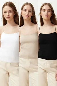 TRENDYOLMİLLA Black-WHITE-Beige 3 Sets Pack Sleeveless Fitted Square Neck Flexible Knitting Tank Top