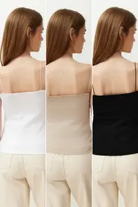 TRENDYOLMİLLA Black-WHITE-Beige 3 Sets Pack Sleeveless Fitted Square Neck Flexible Knitting Tank Top - Image 2