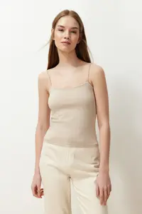 TRENDYOLMİLLA Black-WHITE-Beige 3 Sets Pack Sleeveless Fitted Square Neck Flexible Knitting Tank Top - Image 3