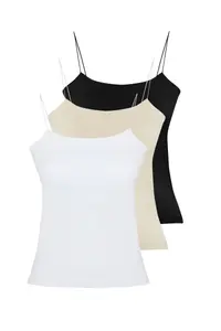 TRENDYOLMİLLA Black-WHITE-Beige 3 Sets Pack Sleeveless Fitted Square Neck Flexible Knitting Tank Top - Image 7