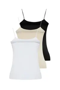 TRENDYOLMİLLA Black-WHITE-Beige 3 Sets Pack Sleeveless Fitted Square Neck Flexible Knitting Tank Top - Image 8
