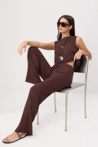 TRENDYOLMİLLA Dark Brown textured Blouse-Pants Knitting Top and Bottom Set - Image 2