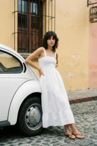 TRENDYOLMİLLA WHITE Plain A Cut Gipelli Square Neck Maxi Weaving Dress - Image 2