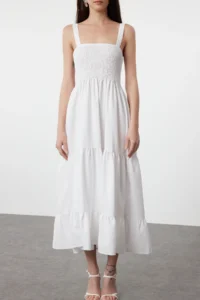 TRENDYOLMİLLA WHITE Plain A Cut Gipelli Square Neck Maxi Weaving Dress - Image 5