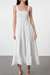 TRENDYOLMİLLA WHITE Plain A Cut Gipelli Square Neck Maxi Weaving Dress - Image 6