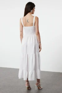 TRENDYOLMİLLA WHITE Plain A Cut Gipelli Square Neck Maxi Weaving Dress - Image 7