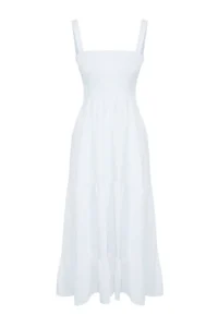 TRENDYOLMİLLA WHITE Plain A Cut Gipelli Square Neck Maxi Weaving Dress - Image 8