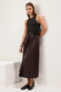 TRENDYOLMİLLA Brown*001 Plain flared pleated Maxi Skirt