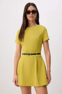 TRENDYOLMİLLA Oil Green Mini Arched Wide Leg Weaving Jumpsuit - Image 2