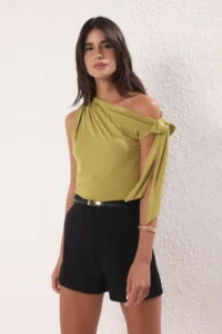 TRENDYOLMİLLA Oil Green Asymmetric Yaka Binding Detailed Flexible Knitting Blouse - Image 2