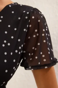 TRENDYOLMİLLA Black Polka Dot Mini Tulle Fitted Binding Detailed Knitting Dress - Image 4