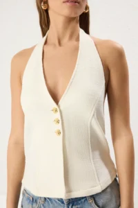 TRENDYOLMİLLA Ecru Fitted Tweed Material Flower Button with accessories Crop Knitting Vest - Image 3