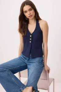 TRENDYOLMİLLA Navy Blue Fitted Tweed Material Flower Button with accessories Crop Knitting Vest - Image 2