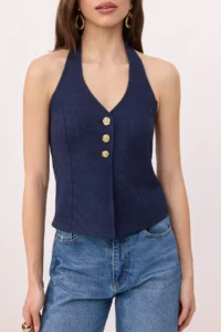TRENDYOLMİLLA Navy Blue Fitted Tweed Material Flower Button with accessories Crop Knitting Vest - Image 3