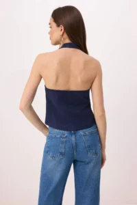 TRENDYOLMİLLA Navy Blue Fitted Tweed Material Flower Button with accessories Crop Knitting Vest - Image 4