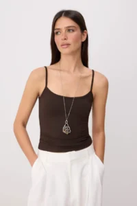 TRENDYOLMİLLA Brown Fitted Square Neck Thin Sleeveless Sleeveless Polyamide Knitting Tank Top