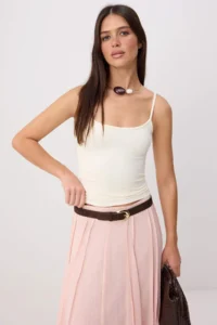 TRENDYOLMİLLA Ecru Fitted Square Neck Thin Sleeveless Sleeveless Polyamide Knitting Tank Top