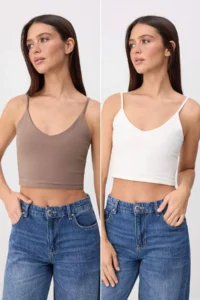 TRENDYOLMİLLA Mink-Ecru 2 Sets Fitted V-neck Thin Sleeveless Knitting Tank Top