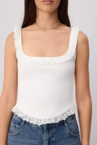 TRENDYOLMİLLA Ecru Fitted Cowl Neck Lace Detailed Ribbed Flexible Knitting Tank Top - Image 3