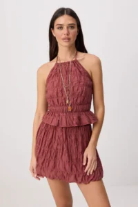 TRENDYOLMİLLA Brick Red Balloon Skirt with Ruffle Detailed Weaving Bottom - Top Set - Image 2