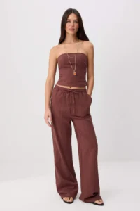 TRENDYOLMİLLA Brown linen look Strapless Blouse Elastic Pants Weaving Bottom - Top Set