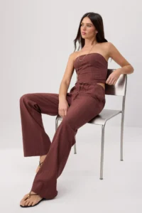 TRENDYOLMİLLA Brown linen look Strapless Blouse Elastic Pants Weaving Bottom - Top Set - Image 2