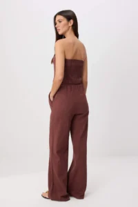 TRENDYOLMİLLA Brown linen look Strapless Blouse Elastic Pants Weaving Bottom - Top Set - Image 4