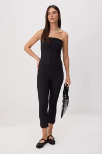 TRENDYOLMİLLA Black Flexible Material Strapless Blouse Crop Flare Pants Weaving Bottom - Top Set