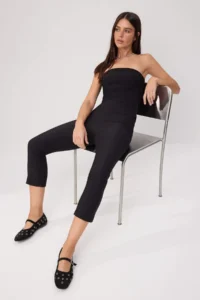 TRENDYOLMİLLA Black Flexible Material Strapless Blouse Crop Flare Pants Weaving Bottom - Top Set - Image 2
