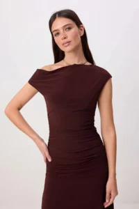 TRENDYOLMİLLA Brown Plain Fitted Asymmetric Collar LONG Flexible Knitting Bottom - Top Set - Image 2