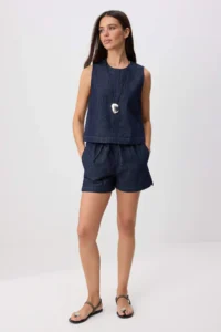 TRENDYOLMİLLA DARK BLUE Flowy Blouse Shorts DENIM Bottom - Top Set