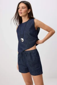 TRENDYOLMİLLA DARK BLUE Flowy Blouse Shorts DENIM Bottom - Top Set - Image 2