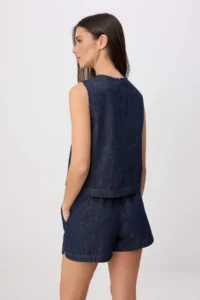 TRENDYOLMİLLA DARK BLUE Flowy Blouse Shorts DENIM Bottom - Top Set - Image 4